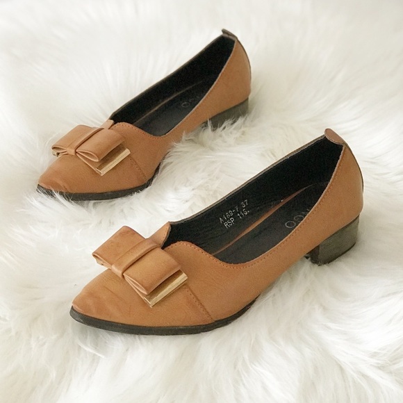Mango Shoes - MANGO Bow Flats Leather Look Brown Heeled Cute 37